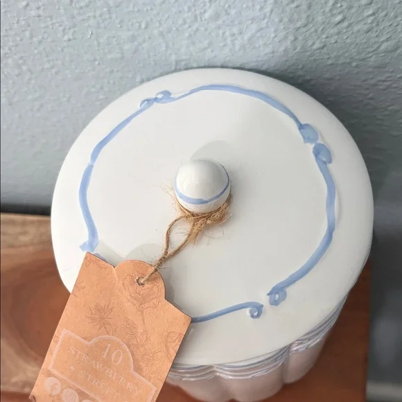 White Ceramic Canister with Pale Blue Trim - Picture 2 of 7